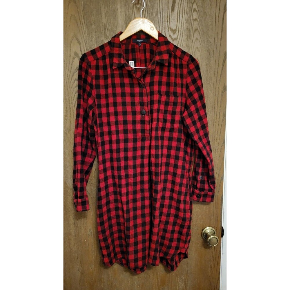 Madewell Red & Black Buffalo Check Plaid Collared Long Sleeve Dress Size Large